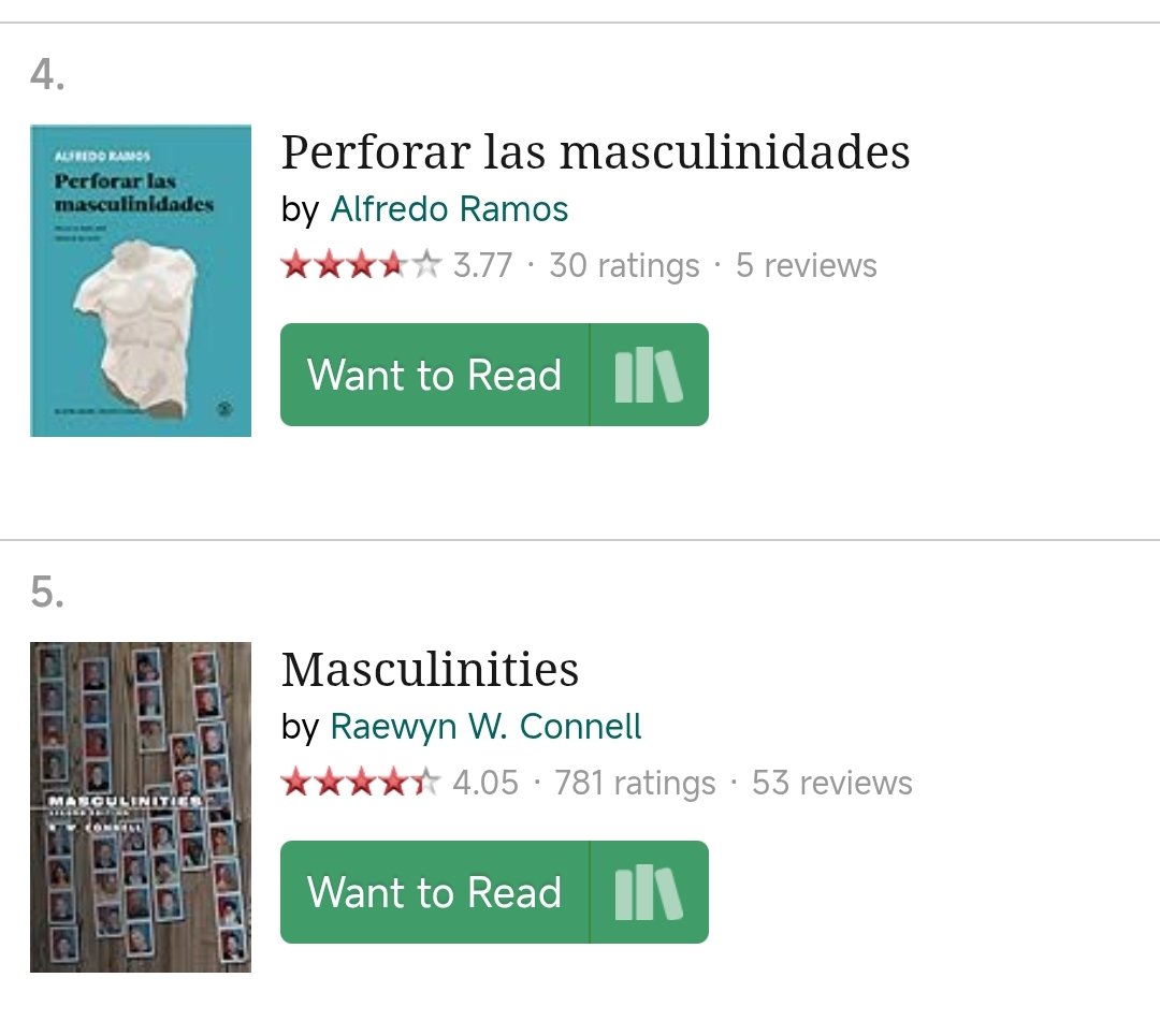 Hoy me he encontrado con esta lista de libros sobre Masculinidades en GoodReads y no sabéis lo feliz que me ha hecho verme entre tanta referente (entre ellas mi queridísima <a href="/BeatrizRanea/">Beatriz Ranea</a>) 💜💜💜
<a href="/edenelmar/">ediciones en el mar</a>