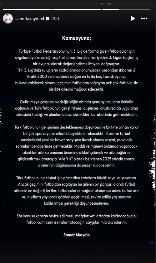 AltLiglerTR's tweet photo. 💥 Kerem Aktürkoğlu'nun ardından milli futbolcu Samet Akaydın'da 3. Lig kontenjan kuralıyla alakalı açıklama yayımladı.

"Maddi ve manevi anlamda yaşanacak sıkıntılar aile kurumunun önemine dikkat çekmek ve aile bağlarını güçlendirmek amacıyla 'Aile Yılı' olarak belirlenen 2025 yılında sporcu ailelerinin dağılmasına da neden olabilecektir. "