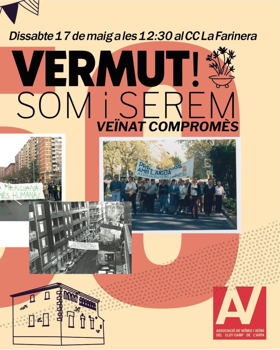 Demà dissabte a la <a href="/farinera/">CC Farinera del Clot</a> tancament de l’exposició dels 50 anys i vermut popular. 
Llegiu la notícia a la nostra web. 
avvclotcampdelarpa.cat/index.php/2025…