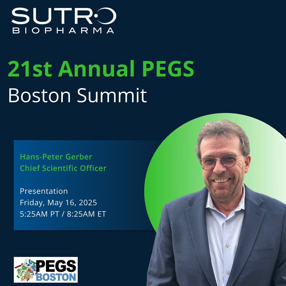 Excited to announce, Hans-Peter Gerber, Chief Scientific Officer, Sutro Biopharma, presented at the 21st Annual #PEGS Boston Summit. His insights contributed to an exciting and forward-looking discussion on the future of cancer therapeutics. Click the link to learn more: