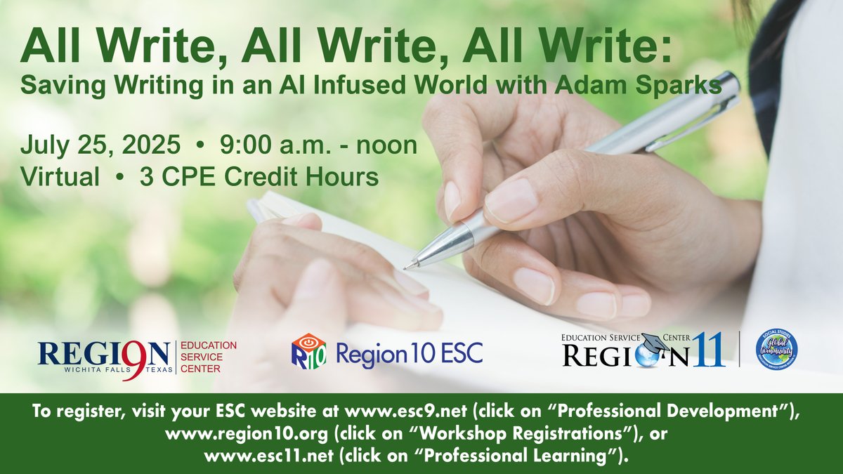 ESC11 Social Studies (@esc11ss) on Twitter photo In this Matthew McConaughey-inspired workshop with
<a href="/myshortanswer/">Short Answer</a>, we’ll explore policies, strategies, and tools that make it easy and fun to embed high-quality writing practice in any content area! Join us this summer! registration.esc11.net/catalog/sessio… In this Matthew McConaughey-inspired workshop with
<a href="/myshortanswer/">Short Answer</a>, we’ll explore policies, strategies, and tools that make it easy and fun to embed high-quality writing practice in any content area! Join us this summer! registration.esc11.net/catalog/sessio…