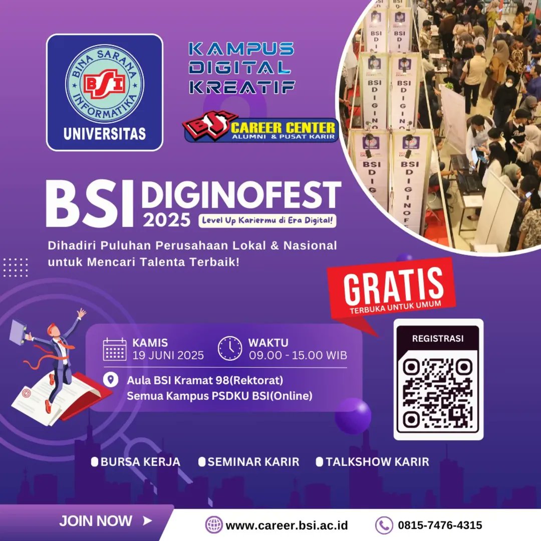 🎉 BSI DIGINOFEST 2025 🎉 
📅 KAMIS , 19 JUNI 2025 
🌐 Terbuka untuk Umum! 
✨ Langkah Awal Menuju Karir yang Gemilang 

🎓 Masih Bingung Cari Kerja Setelah Lulus? Atau Mau Cari Pengalaman Kerja Sambil Kuliah? 
 
Reposted from @bsikarir