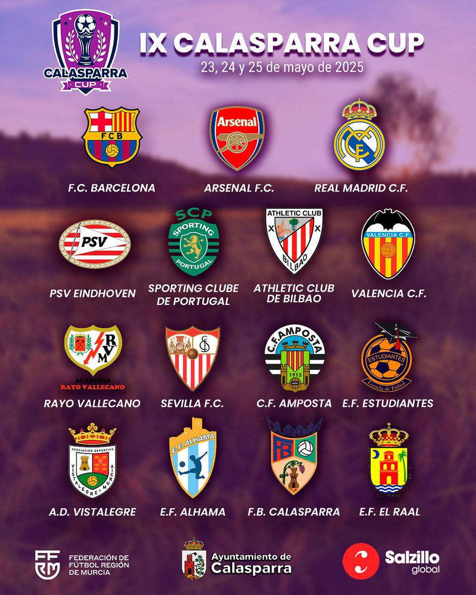 treceraG13's tweet photo. Los días 23, 24 y 25 de mayo se celebra la novena edición de la @CalasparraCup .

Además del club local, equipos de la entidad de @FCBarcelona_es , @realmadrid , @ArsenalEspanol y @AthleticClub estarán presentes.

Sin duda uno de los eventos del año en categoría alevín y una alegría que se dispute en Calasparra, en la Región de Murcia. ¡No os la perdáis!