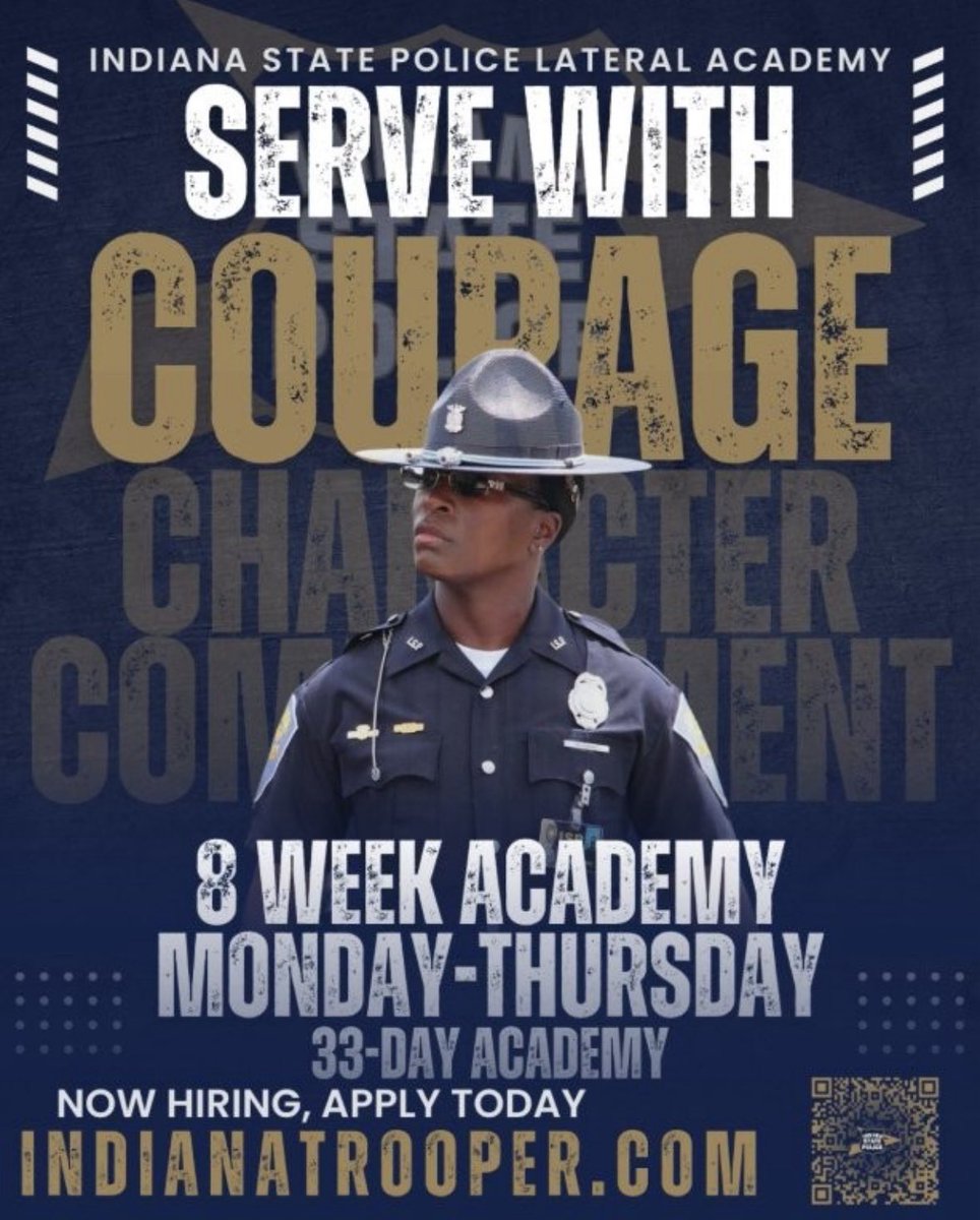 NOW HIRING – LATERAL OFFICERS
Our 8-week Lateral Hiring Process opens today! Certified officers can fast-track their way into the Indiana State Police.
Apply by June 1st.

Indianatrooper.com

#IndianaStatePolice #LateralHire #JoinISP