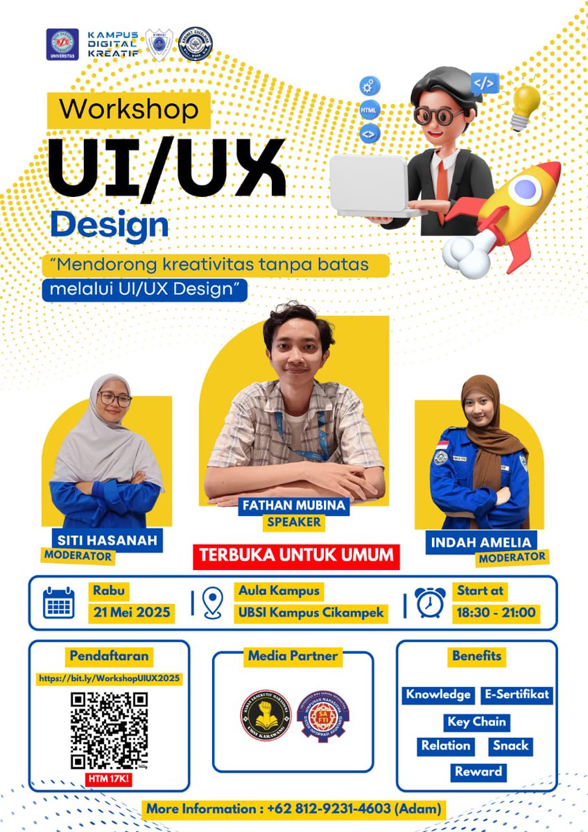 *📌 Pendaftaran Offline Workshop UI/UX Design*
*HIMASI UBSI Karawang* dengan bangga membuka pendaftaran offline untuk:
*Workshop UI/UX Design*
dengan tema:
*“Mendorong Kreativitas Tanpa Batas Melalui UI/UX Design”*