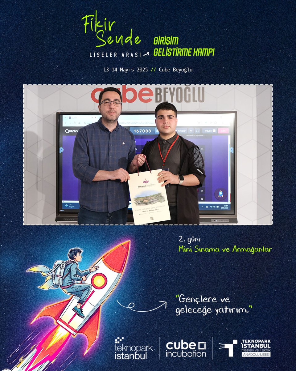 🚀 #FikirSende, ikinci gün eğitimleriyle fikirleriyle fark yaratan gençlere ufuk sunmaya devam ediyor.

📚 Mini quiz ile armağanlar sahiplerini buldu.

📝 İkinci ve üçüncü dersimiz: Fikir ve İş Geliştirme Atölyeleri ile Etkili Sunum Teknikleri

#CubeIncubation #Teknoparkİstanbul