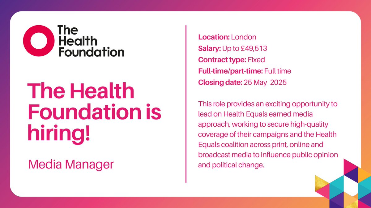 Smart Thinking (@smartthinktanks) on Twitter photo New job alert! <a href="/HealthFdn/">The Health Foundation</a> are looking for a MEDIA MANAGER who can use their skills to deliver their PR strategy, manage the PR agency partner and leading the press office function, building trusted relationships with journalists. Find out more: bit.ly/4dk2tzD New job alert! <a href="/HealthFdn/">The Health Foundation</a> are looking for a MEDIA MANAGER who can use their skills to deliver their PR strategy, manage the PR agency partner and leading the press office function, building trusted relationships with journalists. Find out more: bit.ly/4dk2tzD