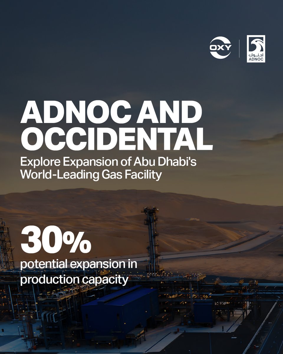 ADNOCGroup's tweet photo. ADNOC and Occidental have signed a strategic collaboration agreement to explore expanding the production capacity of the Shah Gas facility to 1.85 billion standard cubic feet of gas per day, leveraging advanced technologies. https://t.co/fpLDpmwsIY