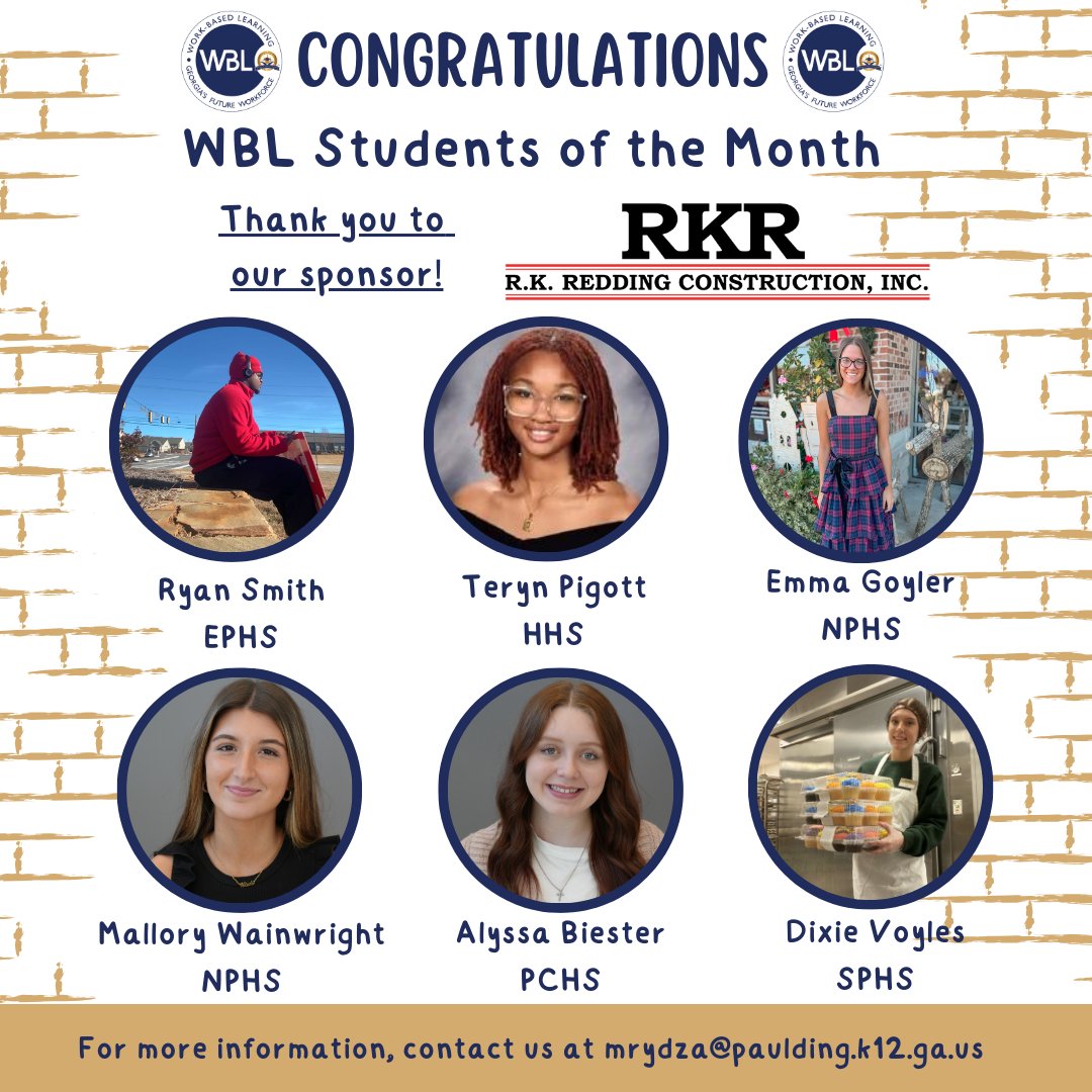 WBL Paulding (@wblpaulding) on Twitter photo Congratulations to <a href="/WBLPaulding/">WBL Paulding</a> May Students of the Month! Thank you to our sponsor <a href="/RKReddingConst/">R. K. Redding Const.</a> <a href="/GeorgiaWBL1/">GAWBL</a> #EmployabilitySkills #PoweredbyCTAE Congratulations to <a href="/WBLPaulding/">WBL Paulding</a> May Students of the Month! Thank you to our sponsor <a href="/RKReddingConst/">R. K. Redding Const.</a> <a href="/GeorgiaWBL1/">GAWBL</a> #EmployabilitySkills #PoweredbyCTAE
