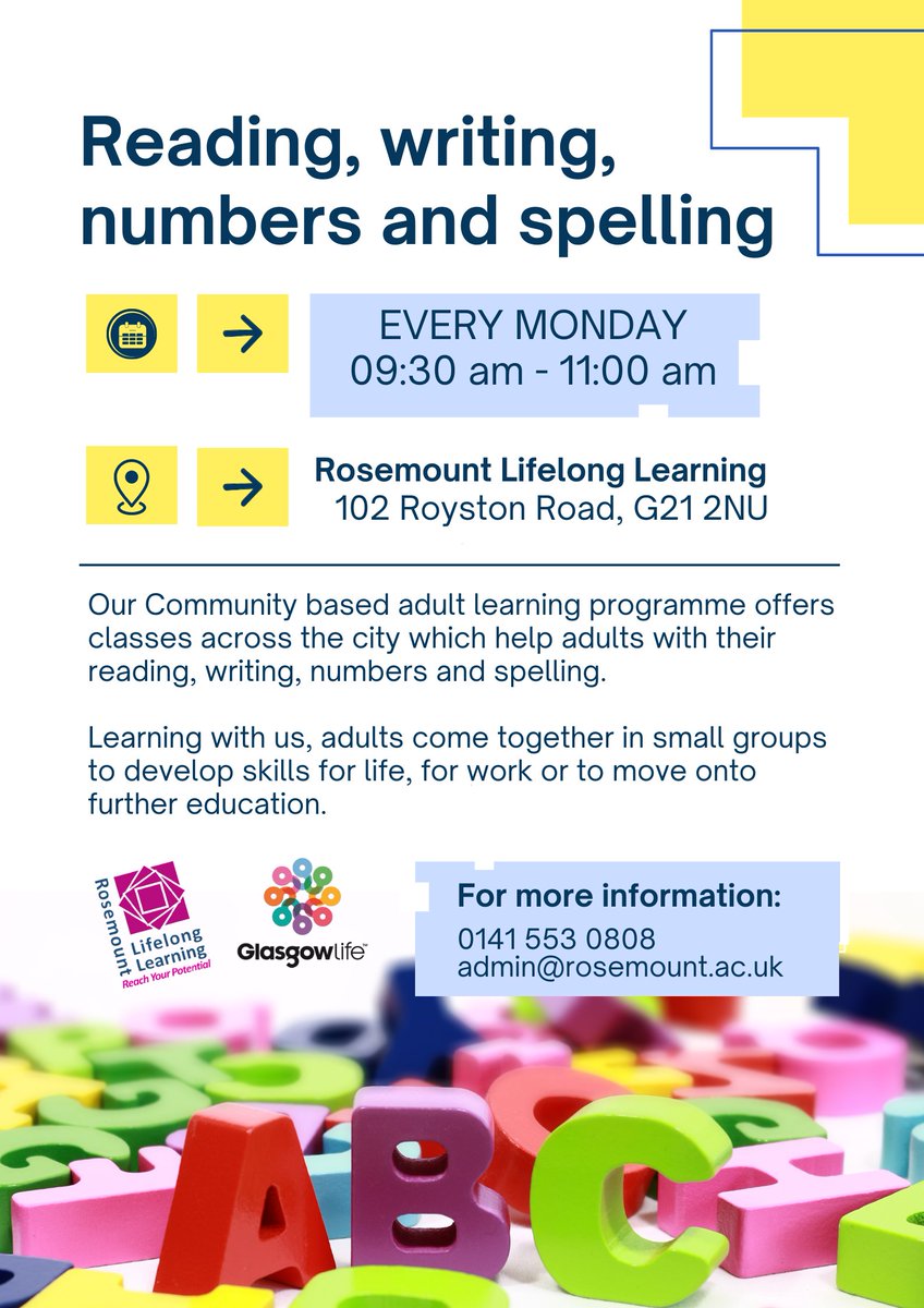 📣Adult Learning – Reading, writing, numbers and spelling🔢🔠

📅Join us every Monday at 09:30 am -11:00 am
📍102 Royston Road, G21 2NU