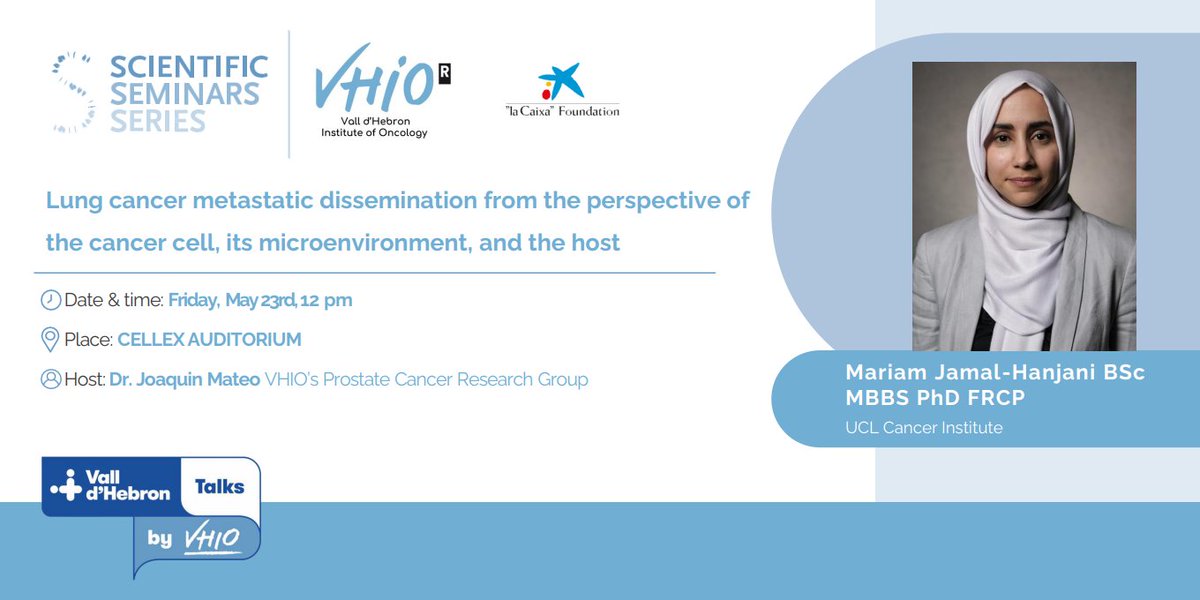 Vall d’Hebron Institute of Oncology (VHIO) (@vhio) on Twitter photo 📣 New VHIO-<a href="/CaixaResearch/">CaixaResearch</a> Scientific Seminar‼️
🔹 Lung cancer metastatic dissemination from the perspective of the cancer cell, its microenvironment, and the host
👩🔬 Mariam Jamal-Hanjani, <a href="/uclcancer/">UCL Cancer Institute</a>
🗓 Friday, 23rd May, at 12h
Hosted by: <a href="/quimmateo/">Joaquin Mateo</a>
Register at 👉 📣 New VHIO-<a href="/CaixaResearch/">CaixaResearch</a> Scientific Seminar‼️
🔹 Lung cancer metastatic dissemination from the perspective of the cancer cell, its microenvironment, and the host
👩🔬 Mariam Jamal-Hanjani, <a href="/uclcancer/">UCL Cancer Institute</a>
🗓 Friday, 23rd May, at 12h
Hosted by: <a href="/quimmateo/">Joaquin Mateo</a>
Register at 👉