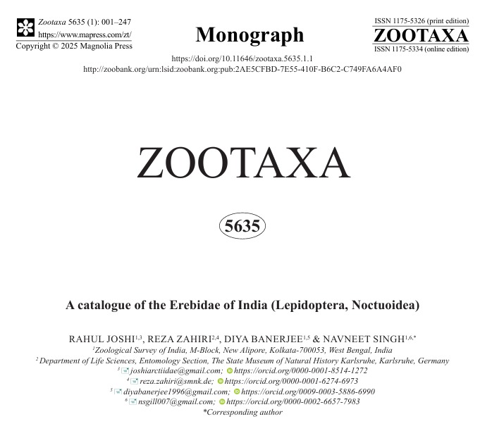 ZoologicalI's tweet photo. A Milestone for Moth Diversity in India!
Young &amp; dynamic scientists of ZSI have made a remarkable contribution to Taxonomy with the publication of a comprehensive Catalogue of the Erebidae moth family in the journal of Zootaxa.

#ZSI #MothDiversity #IndianFauna #Lepidoptera https://t.co/3aXol74NIv