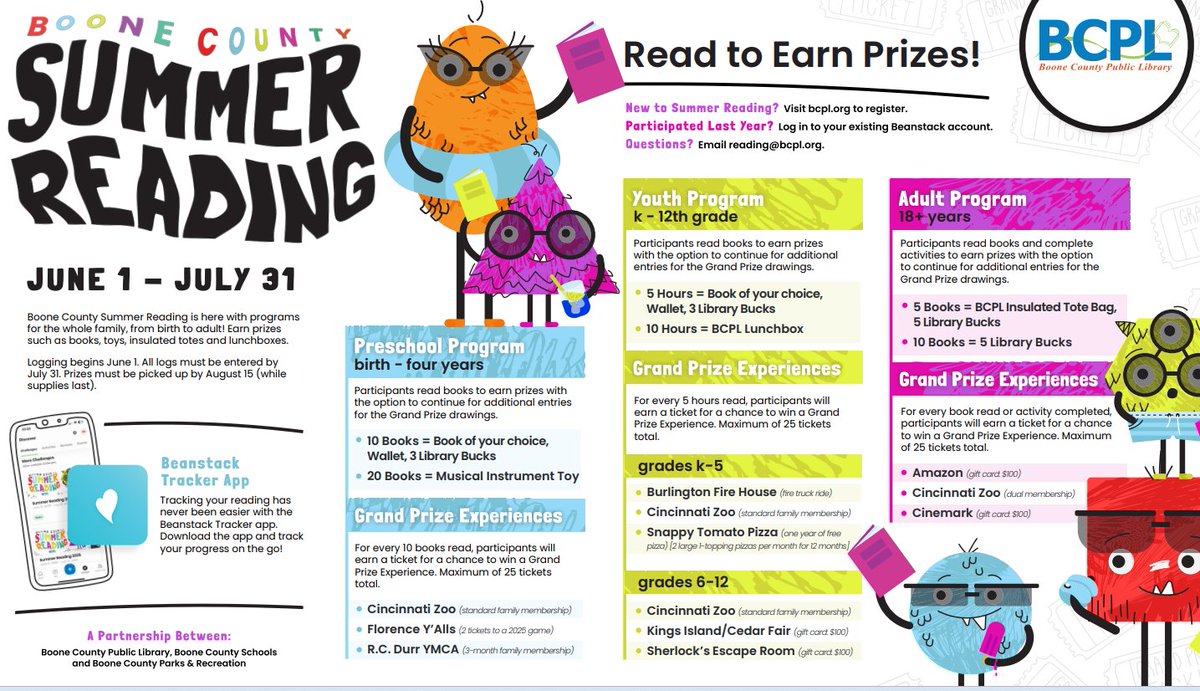 Read over the summer &amp; earn prizes thru <a href="/boonelibrary/">Boone County Library</a>  Summer Reading Program!  #BooneNationLMS