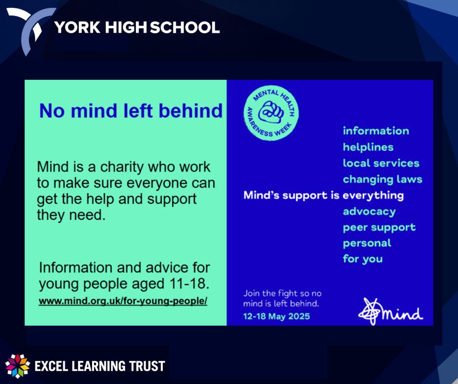🧠 Mental Health Awareness Week 🧠

Mind is a charity who work to make sure everyone can get the help and support they need.

Information and advice for young people aged 11-18.
mind.org.uk/for-young-peop…

#MentalHealthAwarenessWeek #mentalhealthawareness #thisismycommunity