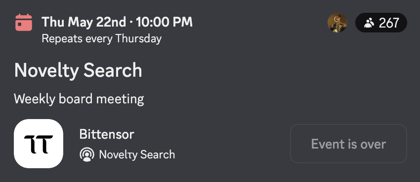 Big news video lovers! 

We are locked in for next week's Novelty Search, Thursday 22nd May. 

We are beyond excited to showcase our subnet and products, and show you all what the future holds! 

See you there!!!!