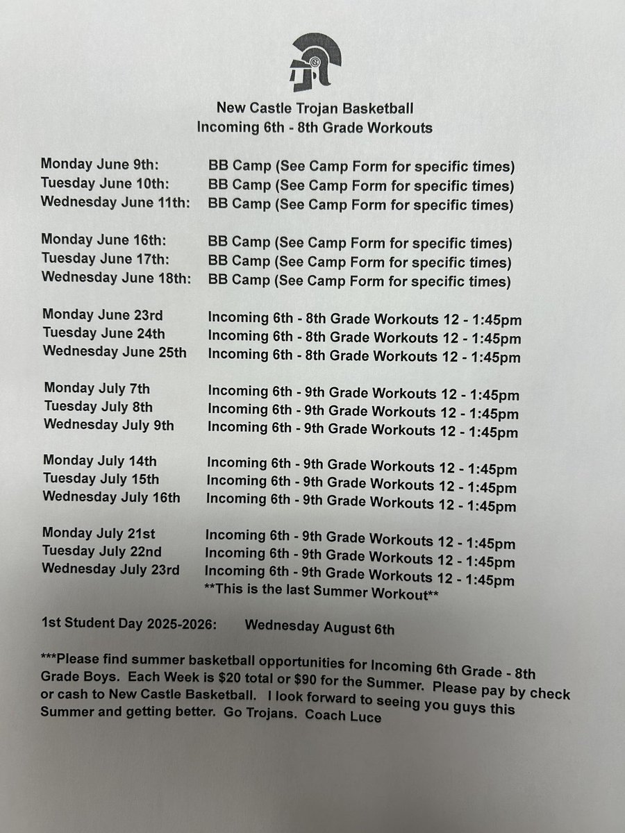 NC Boys Hoops Junior High Summer Workout Opportunities; See you in the Gym this Summer. Forms will be passed out at school on Tuesday. <a href="/NCCSCIndiana/">NCCSC New Castle Schools Indiana</a> <a href="/NCTrojans/">New Castle Trojans</a>