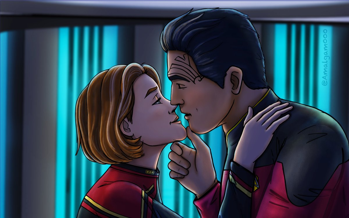 #WelcomeHomeKiss Series - Variation 1 ❤️
I hope you enjoy! 🥰

I put them in their #StarTrekProdigy S2 finale uniforms because this is now their future in my head canon 🥹🥰 🥹🥰
#JanewayxChakotay #StarTrekVoyager #Fanart #Wallpaper #Janeway #Chakotay #Setacourseforseason3 #JC