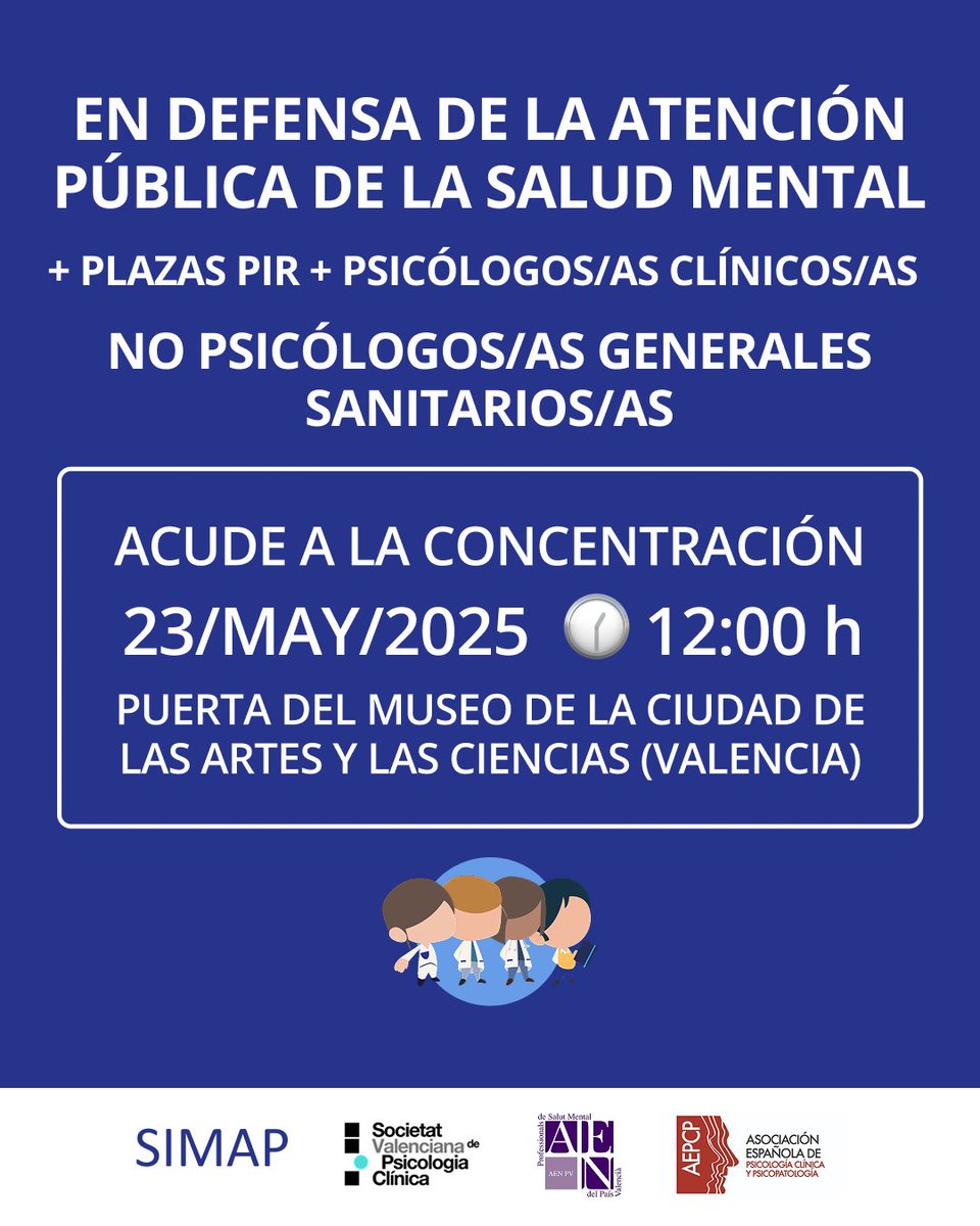 📢 ¡Defendamos la salud mental pública!
✅ Más plazas PIR
✅ Más psicólogos/as clínicos/as
✅ Reconocimiento y condiciones dignas
🗓 23 mayo · 🕛 12 h
📍 Museu Ciutat Arts i Ciències (València)

#SaludMentalPública #MásPIR #PsicologíaClínica #SanidadPública #SIMAP