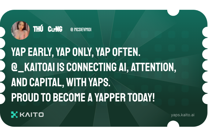MCDevMoi's tweet photo. Yap early, yap only, yap often.

@KaitoAI is connecting AI, attention and capital with Yaps.

Just claimed my social card and I'm accumulating Yap points in real-time.

Claim yours 👉 https://t.co/e5hgpR6Qlm 
@virtuals_io https://t.co/kq3pFqZx8l