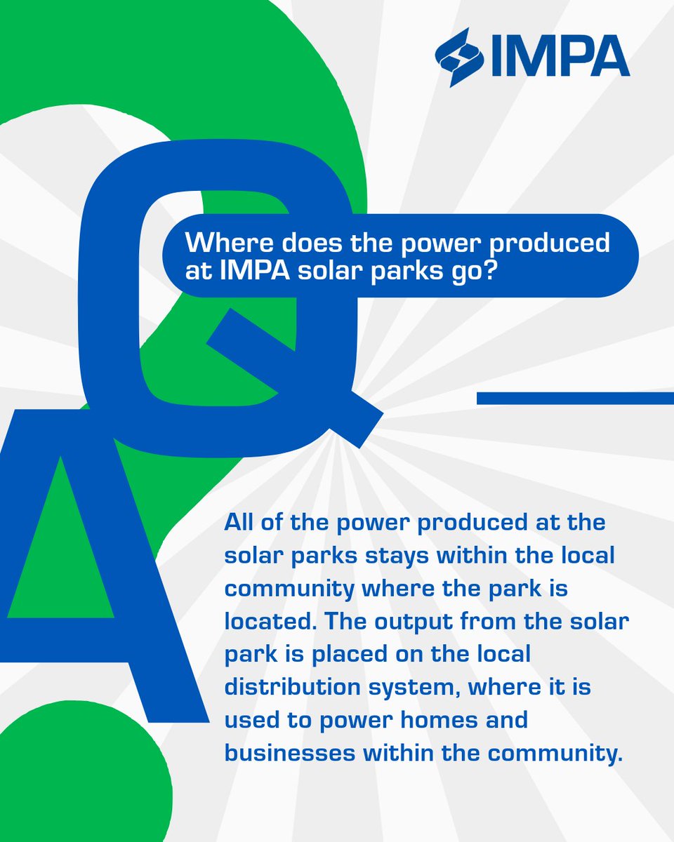 ImpaPower's tweet image. Have you ever wondered where the energy from IMPA Solar Parks goes? In this part of our Solar Spotlight series, we're breaking down how the power generated at our parks stays within the local community in which the park is located! 
#solarspotlight #renewableenergy #IMPA