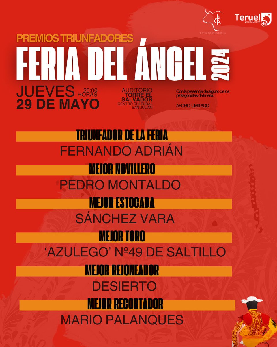 📣 Presentación de la Feria del Ángel 2025

El jueves 29 de mayo a las 20:00h en el Auditorio Torre El Salvador de Teruel conoceremos los carteles de esta edición, se entregarán los premios a los triunfadores de 2024 y se anunciarán todas las novedades.

¡No te lo pierdas! 💥