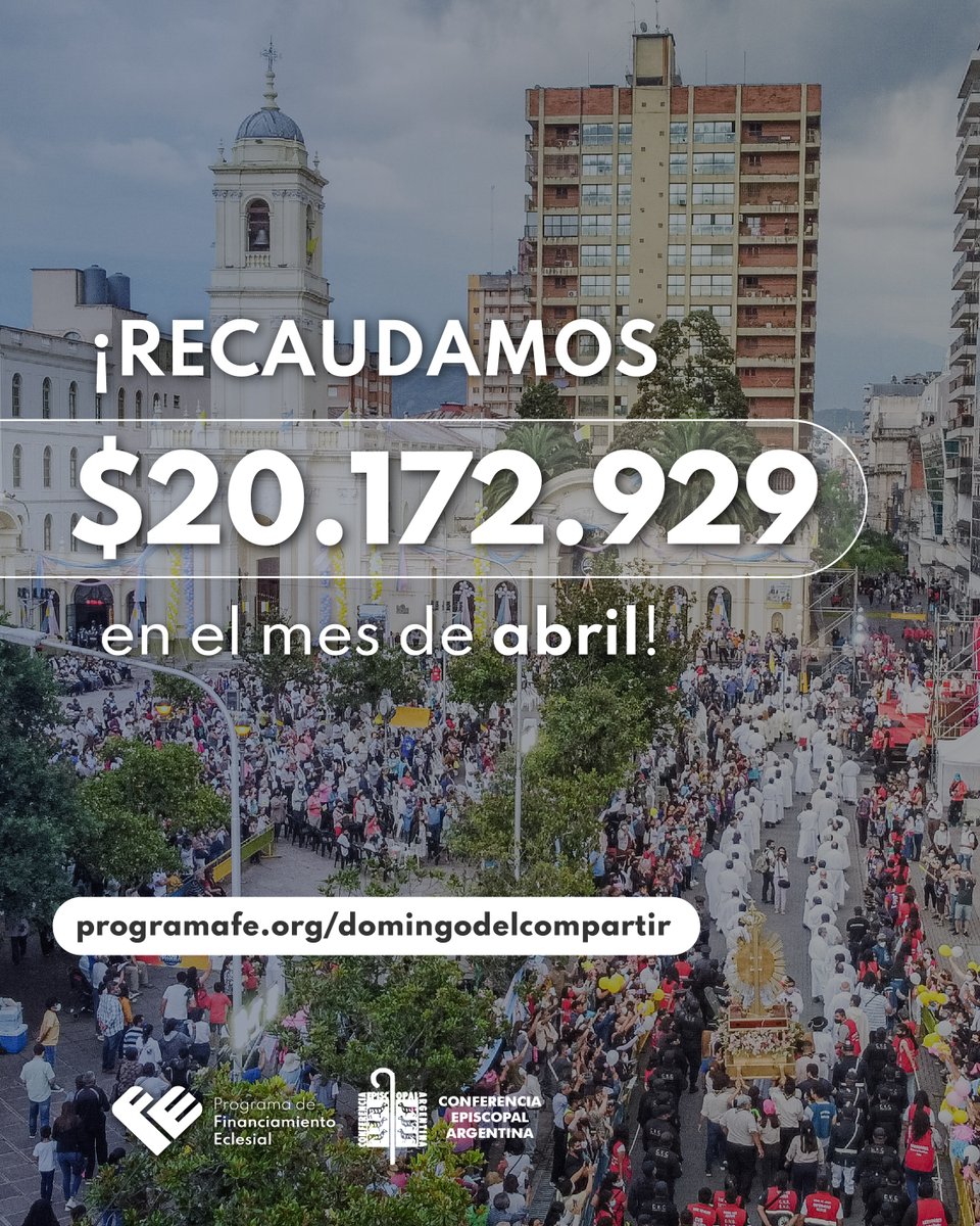 Programa_FE's tweet image. ¡En el mes de abril, recaudamos $20.172.929!✨
Gracias a todas las personas de cada parroquia, diócesis y seminario, que día a día colaboran para seguir manteniendo viva la misión del sostenimiento de la Iglesia Argentina.
Sumá tu aporte en programafe.org.ar/donar
#ProgramaFe