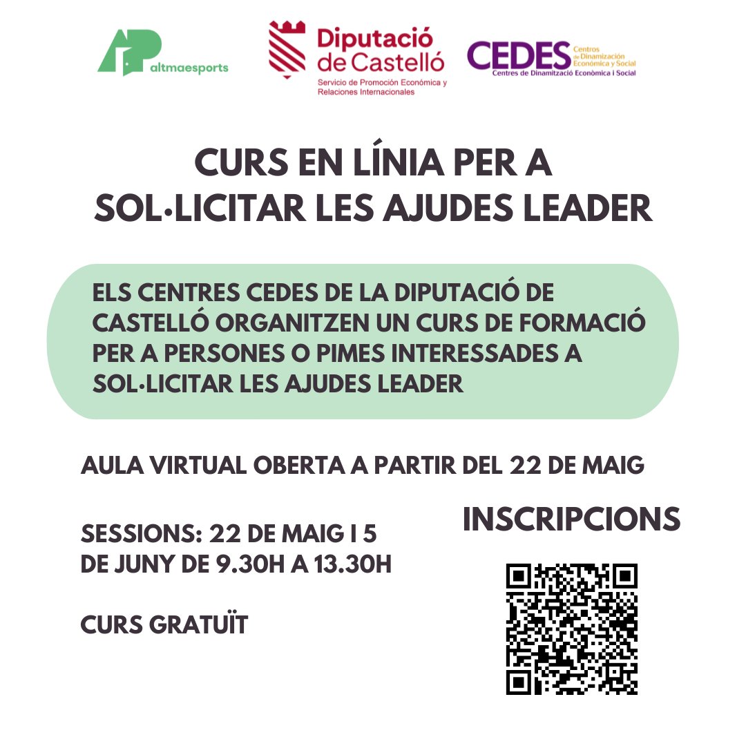 📝 Els centres CEDES de la Diputació de Castelló organitzen un curs de formació dirigit a persones o pimes interessades a sol·licitar les ajudes LEADER

👉 El termini per a la presentació de sol·licituds a les ajudes LEADER està obert

🔎 Inscripcions: docs.google.com/forms/d/e/1FAI…