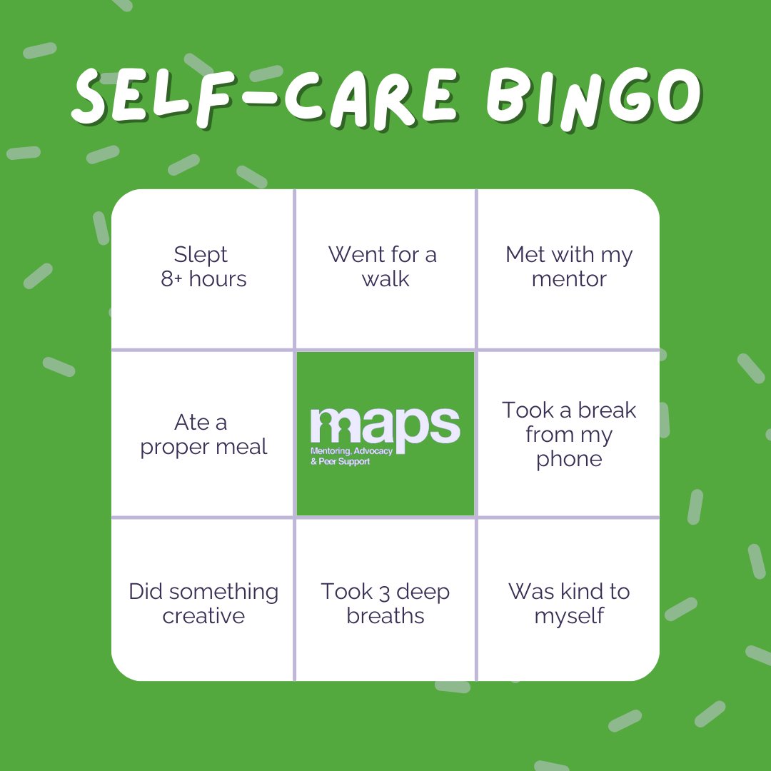 It’s nearly the end of #MentalHealthAwarenessWeek 💚

Looking after your mental health doesn’t have to be big or perfect. Small steps count.

Try our Self-Care Bingo and tick off what you can - you deserve care too.

 #SelfCare #YouthMentalHealth