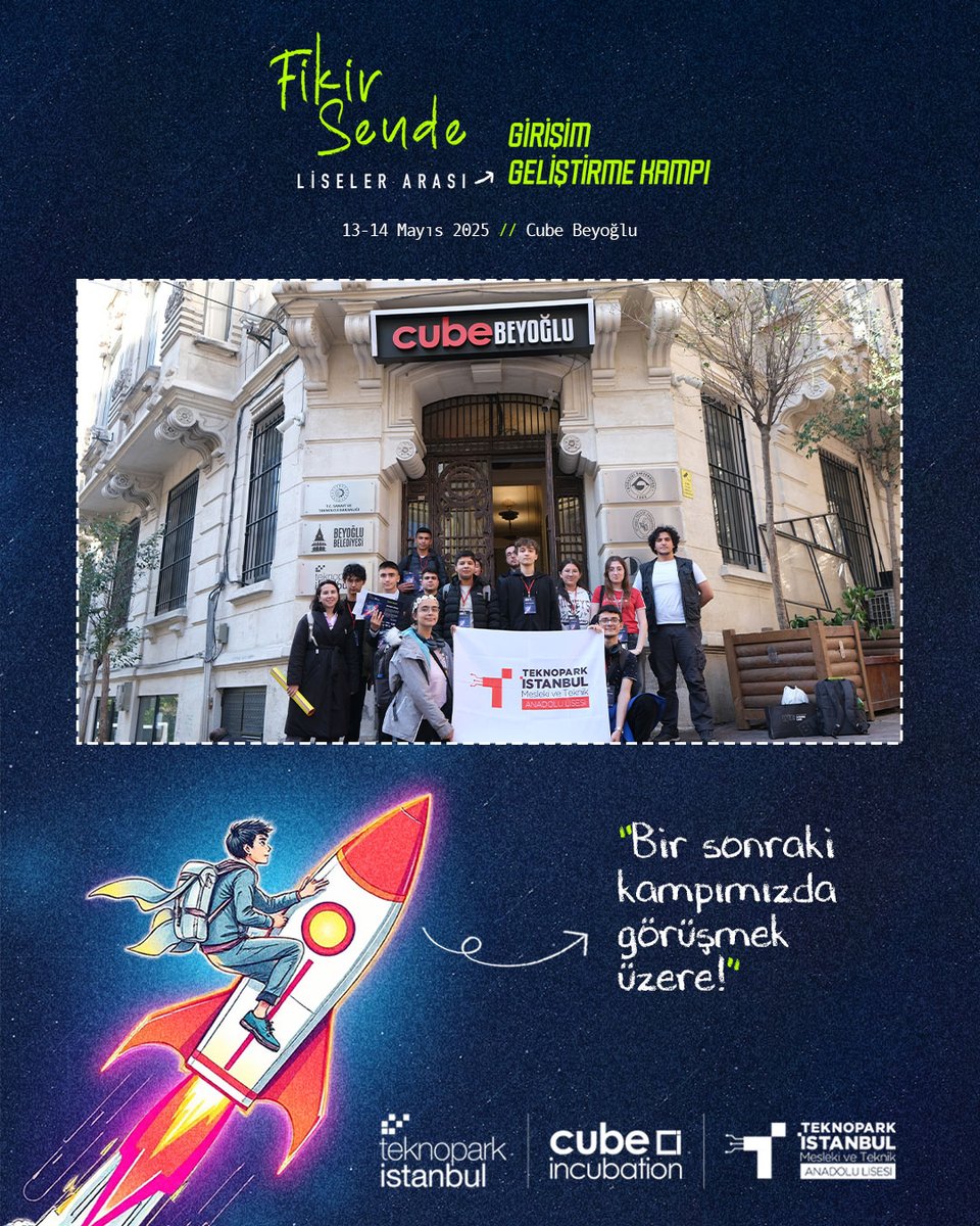 🚀 #FikirSende: Liseler Arası Girişim Geliştirme Kampı, 12-13 Mayıs’ta Cube Beyoğlu’nda gerçekleşti.

🎒 İstanbul, Kocaeli, Sakarya ve Bursa’dan 18 öğrenci; girişimcilik, sunum ve iş modeli eğitimleri aldı.

😎 Bir sonraki kampımız için hazırlıklara şimdiden başladık!