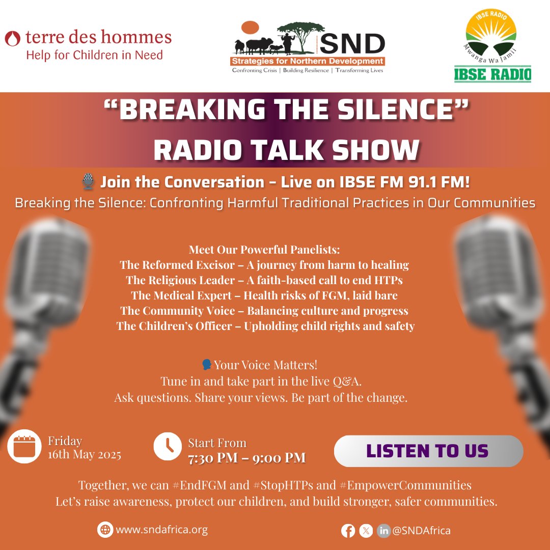 Together, we can #EndFGM and #StopHTPs.
Let’s raise awareness, protect our children, and build stronger, safer communities.
Tune in and take part in the live Q&amp;A.
Ask questions. Share your views. Be part of the change.
<a href="/tdh_de/">Terre des Hommes</a> 
#EmpowerCommunities #RadioTalkShow #IBSEFM