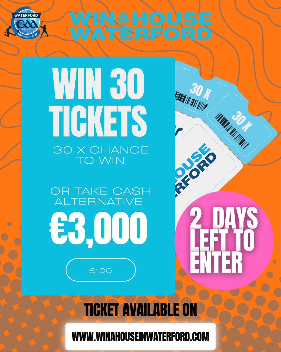 2 DAYS LEFT ⏰Get in on this amazing prize to 30 times your chance to win a brand new house or €335,000🤞💸Go to WINAHOUSEINWATERFORD.COM to get your tickets
