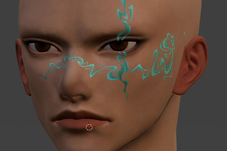 Here is with it applied. He doesn't have his eyebrows, eyelashes, face normals, or skin textures on. Its just to showcase the idea of the new tattoo design.
I like it!