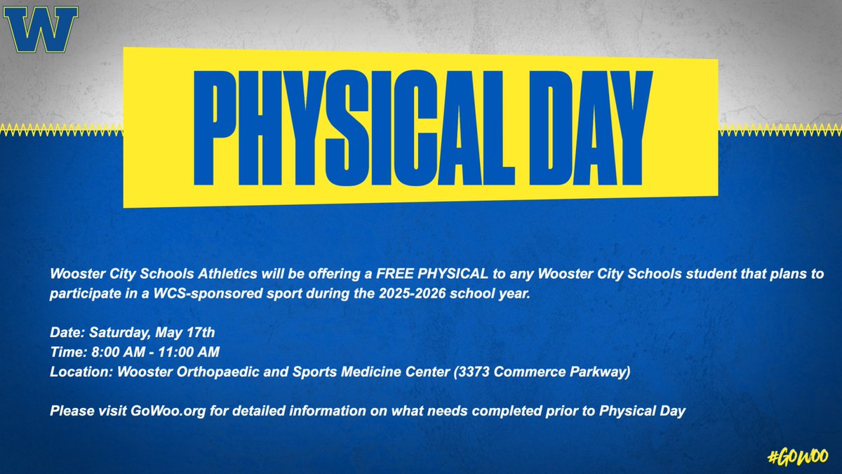 Reminder: Free Physical Day is TOMORROW at Wooster Ortho! Please take advantage of this fantastic opportunity to get your sports physical if you plan to play a school sport during the 2025-26 school year #GoWoo