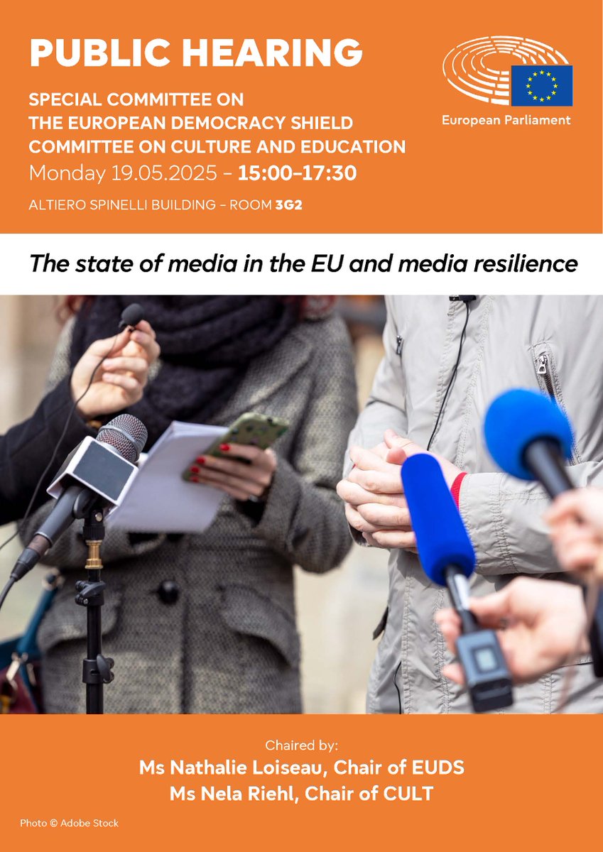 EUDS Committee Press (@ep_democracy) on Twitter photo 📅 Next week in <a href="/EP_Democracy/">EUDS Committee Press</a> 🛡️
Mon 19/5 (w/ <a href="/EPCulture/">CULT Committee Press</a>):
🗣 Hearing on the media landscape of the EU
Wouter Gekiere <a href="/EBU_Policy/">EBU Legal & Policy</a>
Einar Hålien <a href="/SchibstedGroup/">SchibstedGroup</a>
<a href="/katinka_sch/">Katharina Schell</a> <a href="/PCConcordia/">Presseclub Concordia</a>
Frances Haugen
Prof. <a href="/GrbesaMarijana/">Marijana Grbesa</a> <a href="/Zagreb_Uni/">Zagreb University</a>
<a href="/natynettle/">Natalia Krapiva 👩🏻💻🕊</a> <a href="/accessnow/">Access Now</a> 🕒15.00–17.30
1/5 📅 Next week in <a href="/EP_Democracy/">EUDS Committee Press</a> 🛡️
Mon 19/5 (w/ <a href="/EPCulture/">CULT Committee Press</a>):
🗣 Hearing on the media landscape of the EU
Wouter Gekiere <a href="/EBU_Policy/">EBU Legal & Policy</a>
Einar Hålien <a href="/SchibstedGroup/">SchibstedGroup</a>
<a href="/katinka_sch/">Katharina Schell</a> <a href="/PCConcordia/">Presseclub Concordia</a>
Frances Haugen
Prof. <a href="/GrbesaMarijana/">Marijana Grbesa</a> <a href="/Zagreb_Uni/">Zagreb University</a>
<a href="/natynettle/">Natalia Krapiva 👩🏻💻🕊</a> <a href="/accessnow/">Access Now</a> 🕒15.00–17.30
1/5