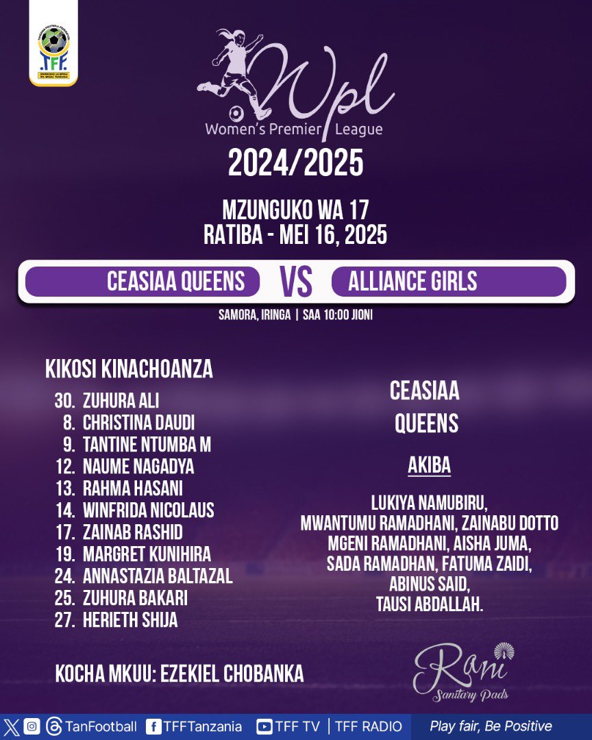 Ligikuuwanawake (@ligikuuwanawak) on Twitter photo Kikosi cha Ceasiaa Queens kinachoanza dhidi ya Alliance Girls mchezo wa Ligi Kuu ya Wanawake Tanzania (TWPL) 2024/2025.
<a href="/Ligikuuwanawak/">Ligikuuwanawake</a> <a href="/caf_online/">CAF_Online</a> <a href="/ranisanitarypa1/">ranisanitarypads</a> Kikosi cha Ceasiaa Queens kinachoanza dhidi ya Alliance Girls mchezo wa Ligi Kuu ya Wanawake Tanzania (TWPL) 2024/2025.
<a href="/Ligikuuwanawak/">Ligikuuwanawake</a> <a href="/caf_online/">CAF_Online</a> <a href="/ranisanitarypa1/">ranisanitarypads</a>