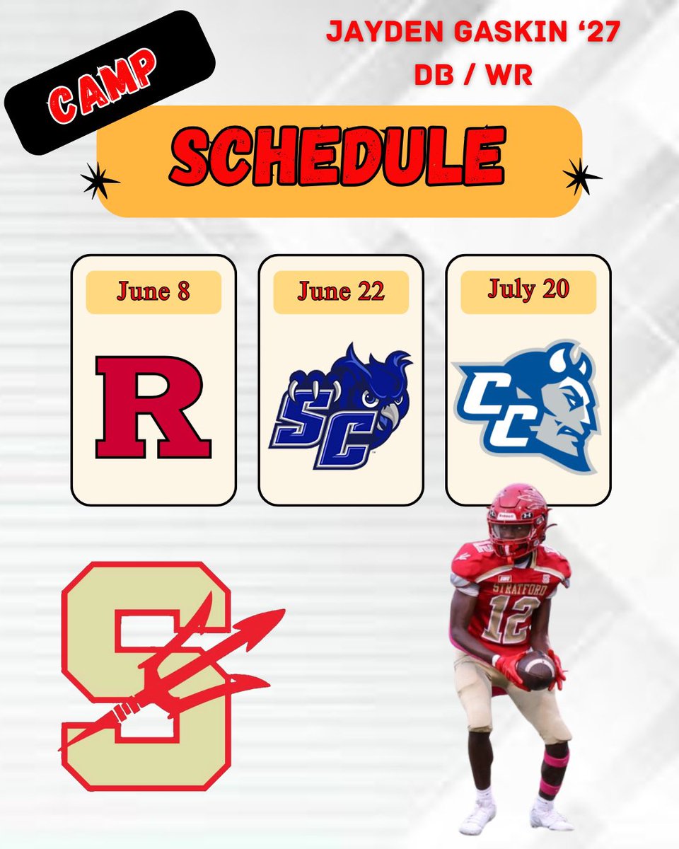Jaygaskin_12's tweet image. A look at my camp schedule this summer! Im excited to be able to compete and showcase my skills #stratfordpride #RedDevils @CoachTyler21 @CoachRMT