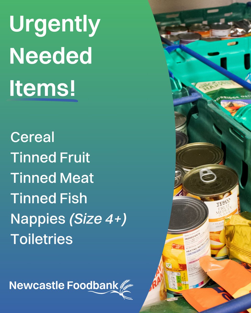 💚We're short of donations at the moment, especially the following:

🥣Cereal
🥫Tinned Fruit
🥫Tinned Meat
🥫Tinned Fish
🩲Nappies (Size 4+)
🪥Toiletries

To find out where you can donate, see below👇newcastlefoodbank.org/donate-food