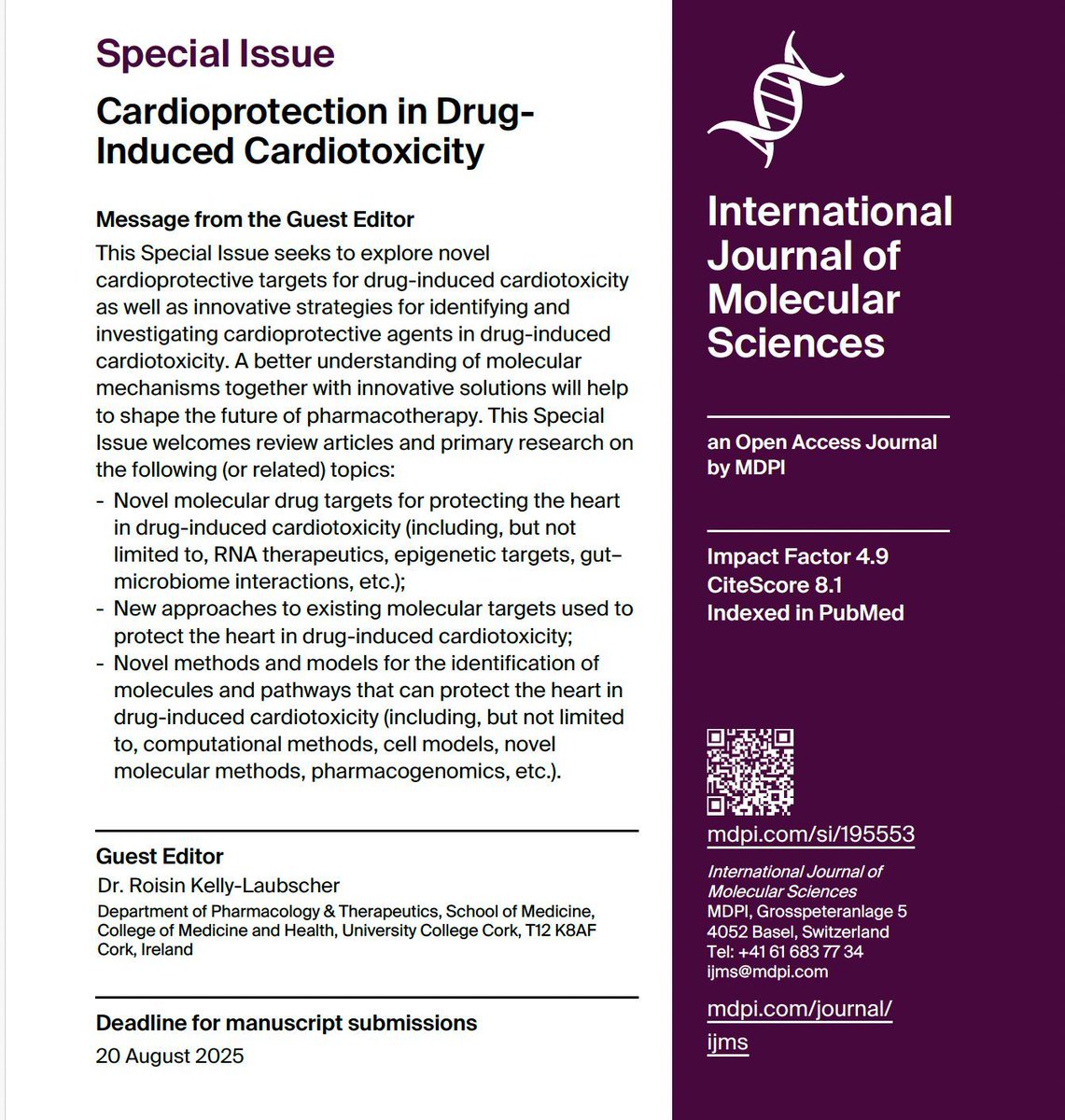 💡 Cardioprotection &amp; Drug-Induced Cardiotoxicity 💡

Have research on cardioprotective mechanisms, biomarkers, or interventions? Submit to our Special Issue in IJMS!

📅 Deadline: August 2025
🔗 Details: buff.ly/3uh2lPh

#Cardiotoxicity #Cardioprotection #Pharmacology