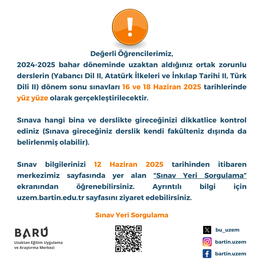 bu_uzem's tweet photo. Ortak zorunlu derslerin dönem sonu sınavlarında tüm öğrencilerimize başarılar dileriz.  İlgili duyuru:  
https://t.co/T9klwhQug4
#bartınuzem #uzem #bartınüniversitesi #uzaktaneğitim https://t.co/50AnTXwhsY