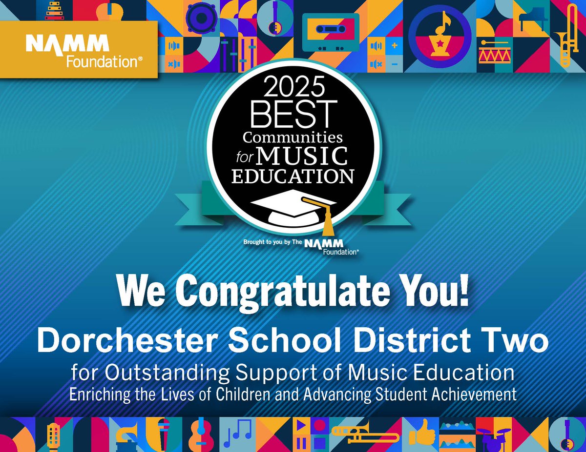 We did it! Dorchester School District Two has been recognized as a #BestCommunitiesforMusicEducation five years in a row! Let’s celebrate the district’s dedication to music education for all students. #TeamDorchester