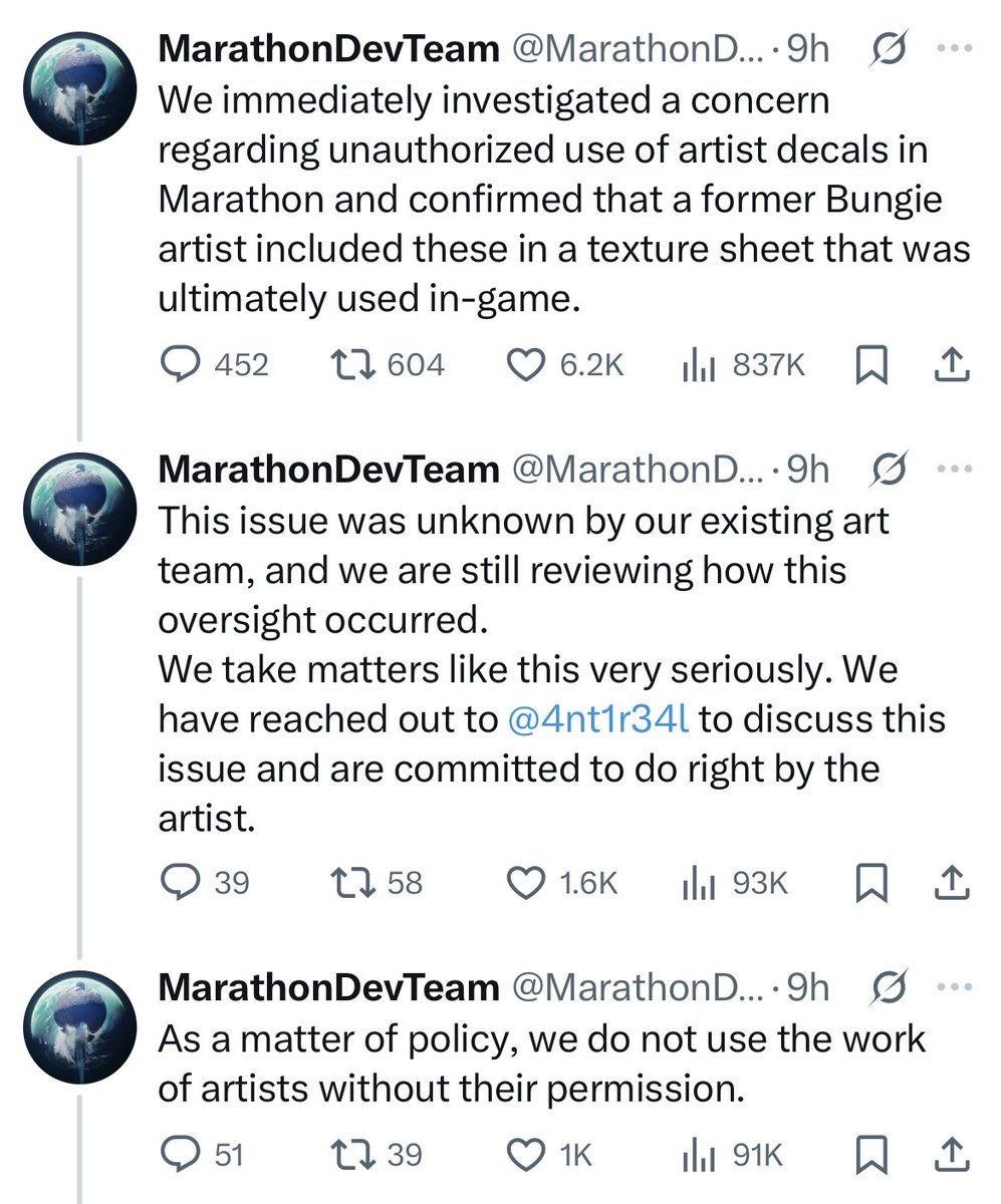 MarathonIntel's tweet image. The Marathon Dev Team has responded being called out for using an artists work without permission
They say it was a former Bungie employee and that they are “reviewing how this oversight occurred”