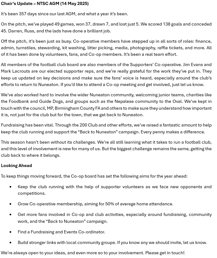 𝟐𝟎𝟐𝟓 𝐀𝐆𝐌 𝐔𝐩𝐝𝐚𝐭𝐞
Thank you to everyone who attended our AGM on Wednesday.

We would like to welcome John Hobson &amp; Phil Kirkham who have joined the Co-Op Board, &amp; Jim Whitmore who has become our Membership Sec. 

Please see the summary of the Chair report &amp; year aims.