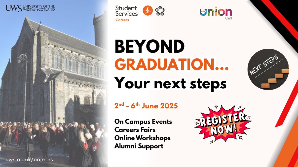 Are you graduating this summer? We are delighted to invite you to attend our series of events "Beyond Graduation... your next steps" between 2nd and 6th June. Visit our Careers Events Calendar for details and to book your place: uws.careercentre.me/u/r9e7so6m
