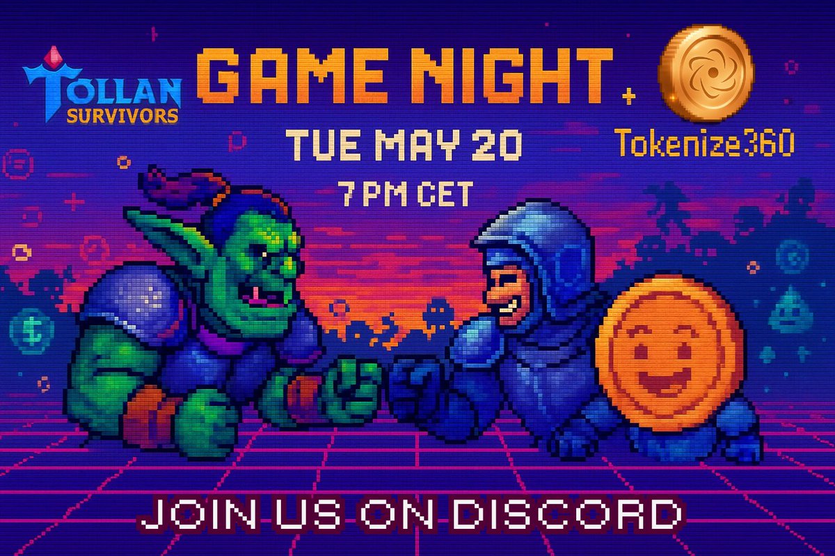 🎮 Tokenize360 x <a href="/TollanUniverse/">Tollan Universe</a> Game Night!

🗓️ Tuesday, May 20 | 7pm CET  
🏆 Top 10 win: 10 Crystals + 10 Gold Passes ($10 each)

Ready to play? Join our Discord and don’t miss out! 👇

Let’s make it legendary! 🎉