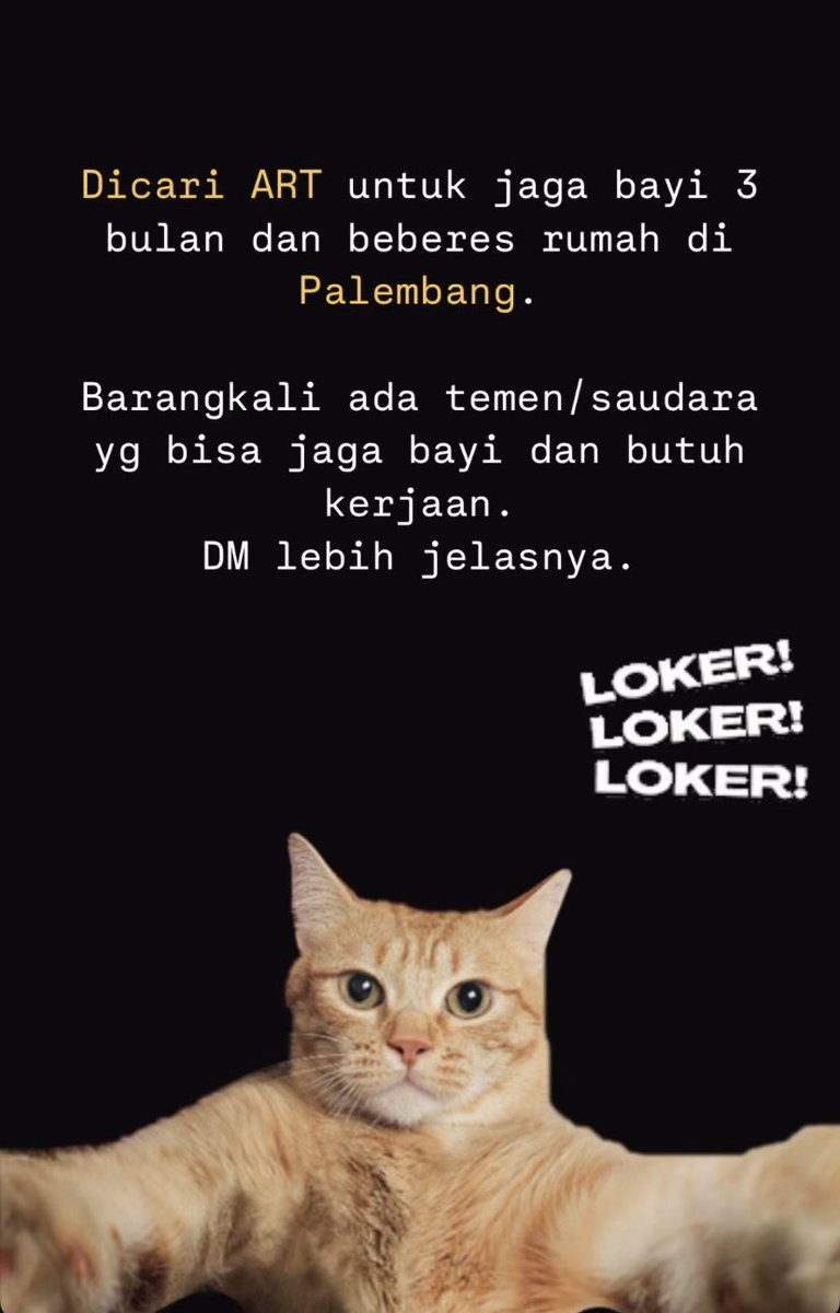 Bancittampil's tweet photo. Dicari ART daerah Bandung atau Soreang san sekitarnya yg siap buat kerja di Palembang. #loker #lokerbandung https://t.co/KpOa8BpFK4