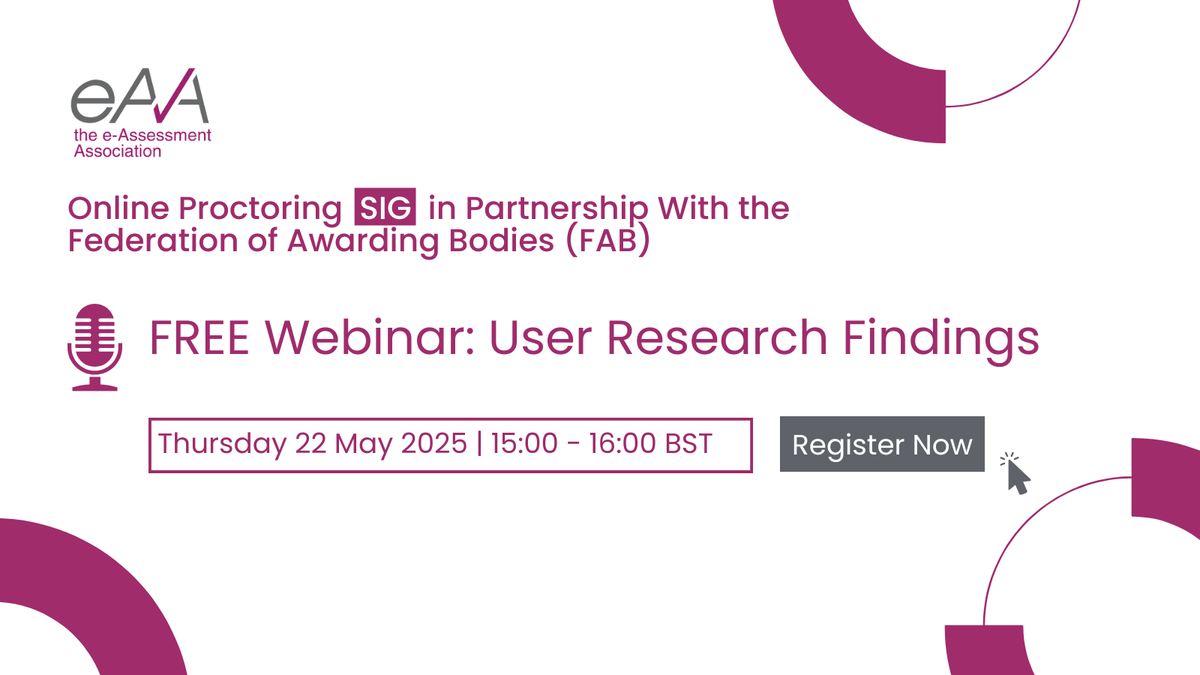 The eAssessment Association (@eassess) on Twitter photo Join us on Thursday 22 May, 3:00โ4:00 PM BST for the next e-Assessment Association Online Proctoring Special Interest Group meeting in partnership with the <a href="/AwardingBodies/">Federation of Awarding Bodies (FAB)</a>.
๐๏ธ Register now: eu1.hubs.ly/H0k7lnF0
#OnlineProctoring #AssessmentInnovation Join us on Thursday 22 May, 3:00โ4:00 PM BST for the next e-Assessment Association Online Proctoring Special Interest Group meeting in partnership with the <a href="/AwardingBodies/">Federation of Awarding Bodies (FAB)</a>.
๐๏ธ Register now: eu1.hubs.ly/H0k7lnF0
#OnlineProctoring #AssessmentInnovation