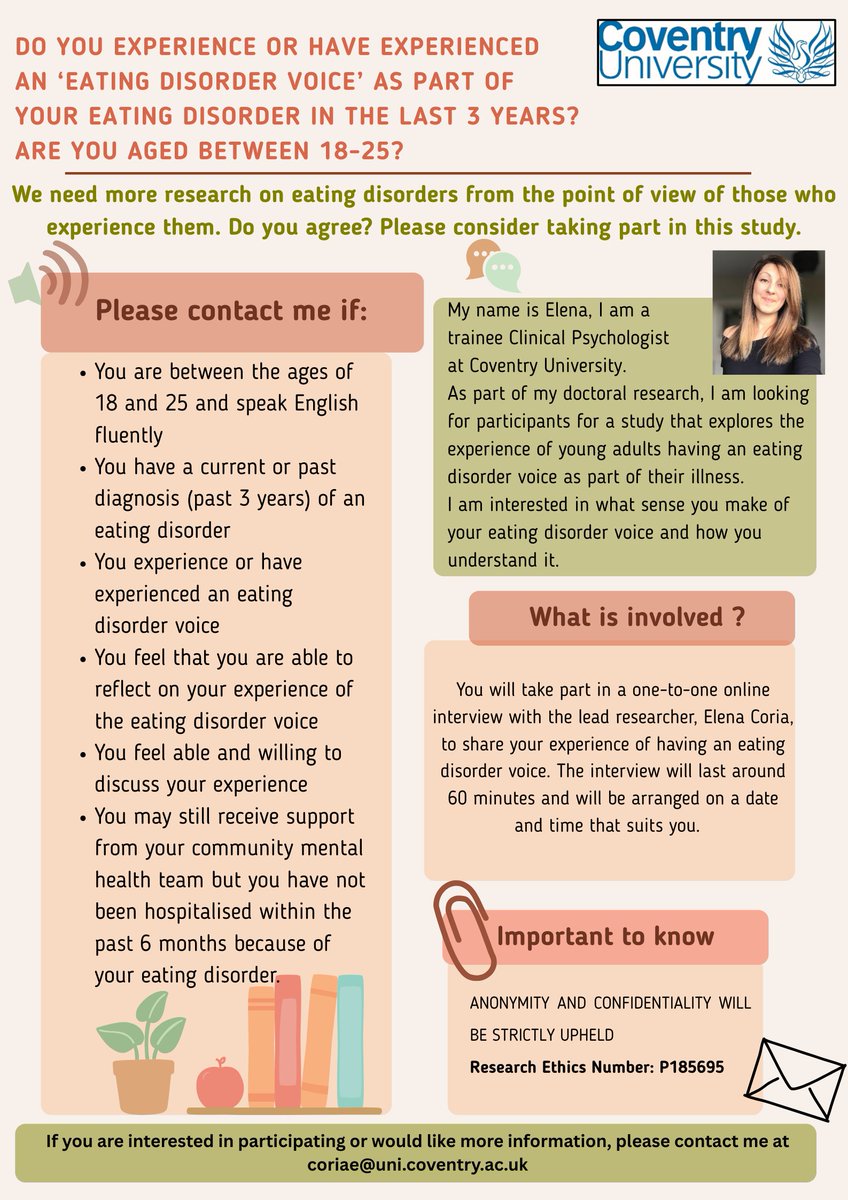 kim_bul's tweet image. One of my Clinical Psychology Doctorate students is doing research into eating disorder voice. If you know anyone in this sector or people who like to participate please reach out to me or Elena. #clinical #doctorate #psychology #eating #disorder