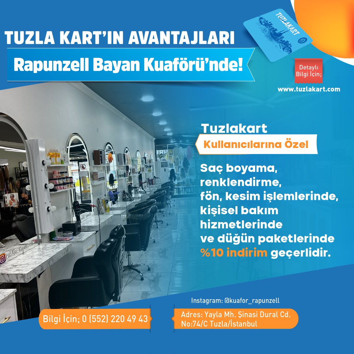 TuzlaKart's tweet photo. Cebinizdeki Avantaj Tuzla Kart Mutluluğa Yakınlaştırır! 💙

Rapunzell Bayan Kuaförü'nde Tuzla Kart kullanıcılarına özel; 
💳 Yaptıracağınız işlemlerde ve düğün paketlerinde %10 indirim geçerlidir. 

Detaylı Bilgi🔗https://t.co/JiCdXOmgj1 https://t.co/MrkQCyoFFb