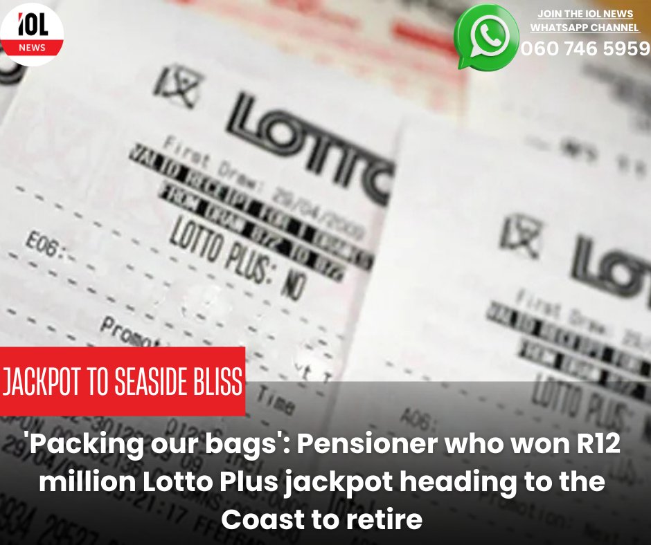 IOL's tweet image. A South African pensioner who bagged R12 million in the Lotto Plus 2 jackpot plans to invest in better healthcare and retire on the coast. 
#news #LifeChangingWin #LottoMillionaire #RetirementGoals
Read on tinyurl.com/cx5xn7df