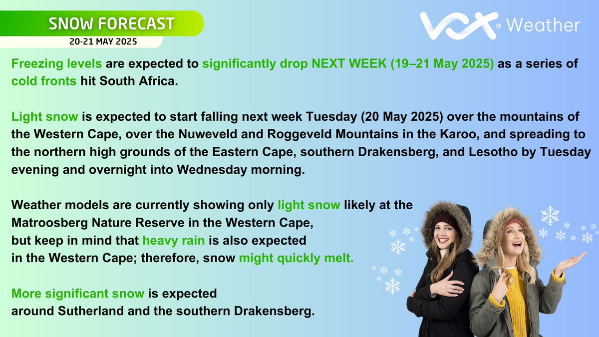 ❄️❄️#Snow Forecast | 20 – 21 May 2025❄️❄️

Freezing levels are expected to significantly drop NEXT WEEK (19–21 May 2025) as a series of cold fronts hit SA

⚠️ Note: This is an early forecast. The model run is still more than 3 days ahead, so changes are likely

#VoxWeather